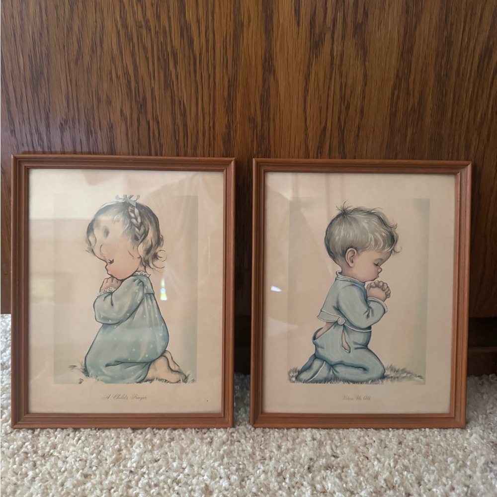 Vintage Pair of Praying Child Prints in Wood Frames - Blue Tones